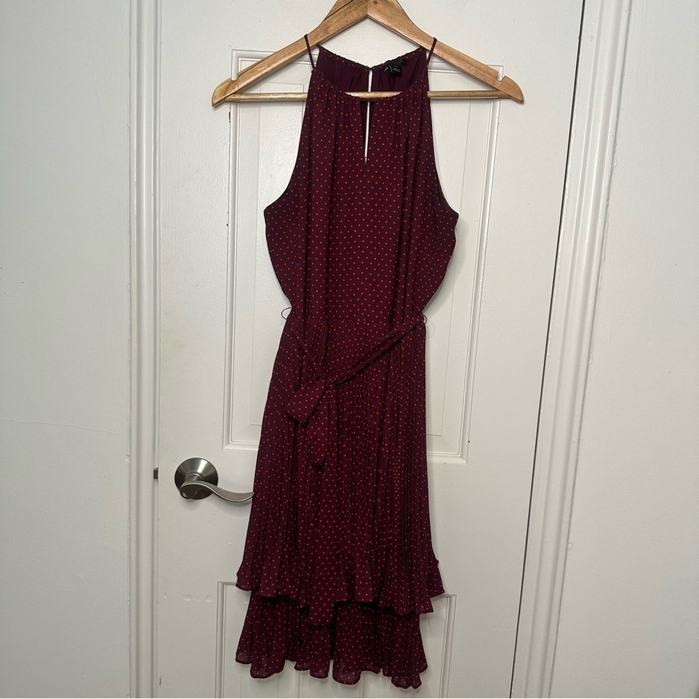 Ann Taylor Maroon Pleated Tiered Midi Dress Halter Polka Dot Career Holiday 4 S - Picture 4 of 9